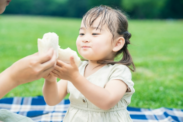 ピクニックでサンドイッチを食べる子ども